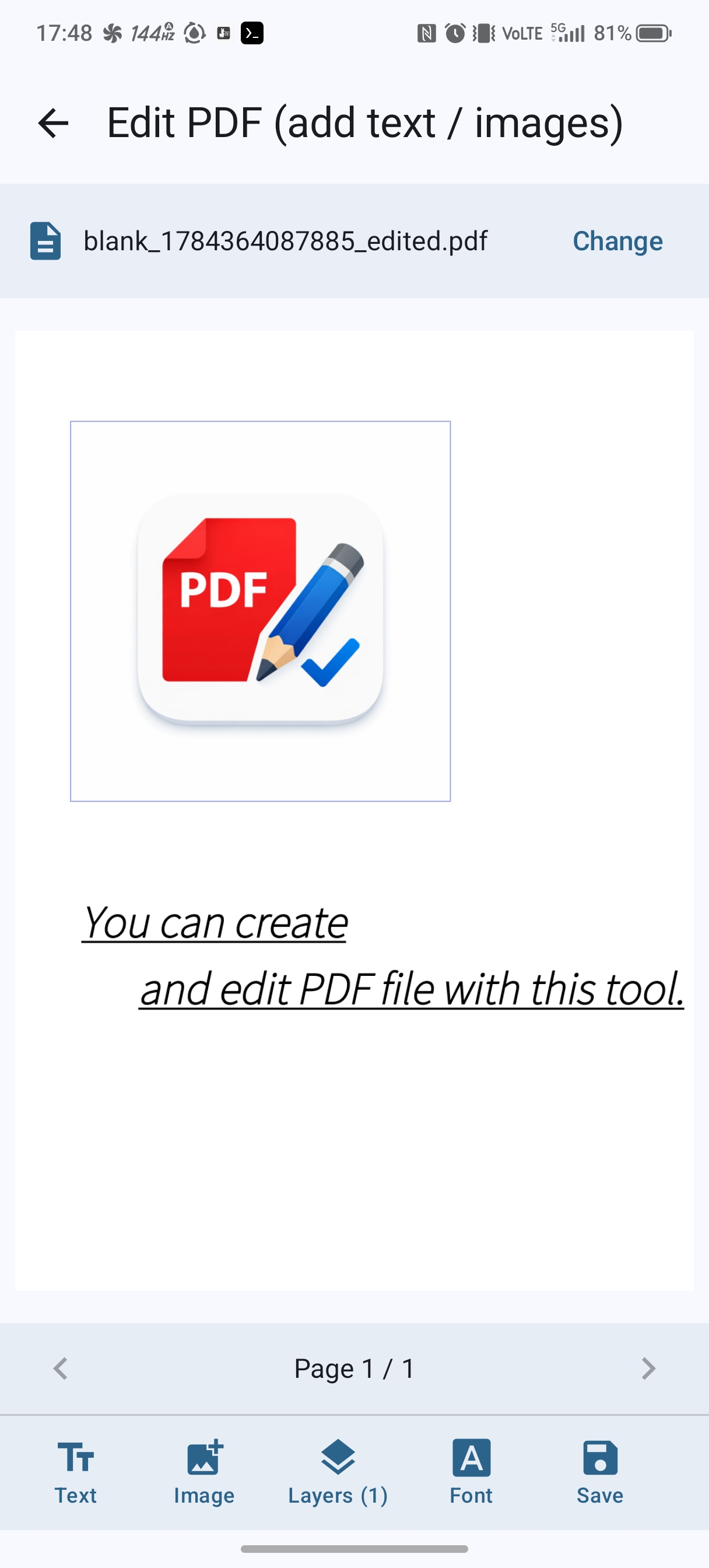 PDF 編集画面：固定キャンバスに追加した画像と装飾テキスト、下部に Text / Image / Layers / Font / Save のツールボックス。