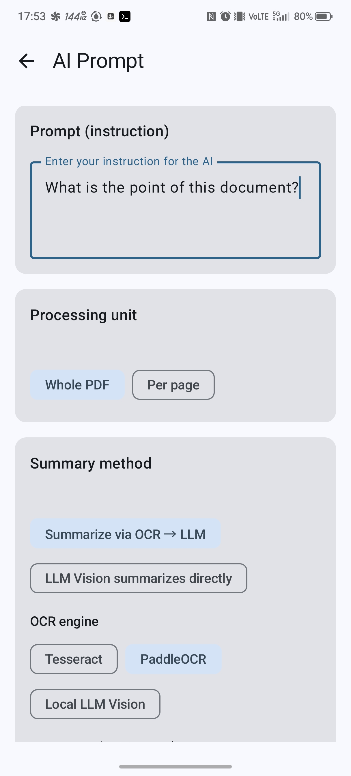 AI プロンプト画面：指示入力欄、処理単位（Whole PDF / Per page）、方式（OCR→LLM / Vision）と OCR エンジン選択。