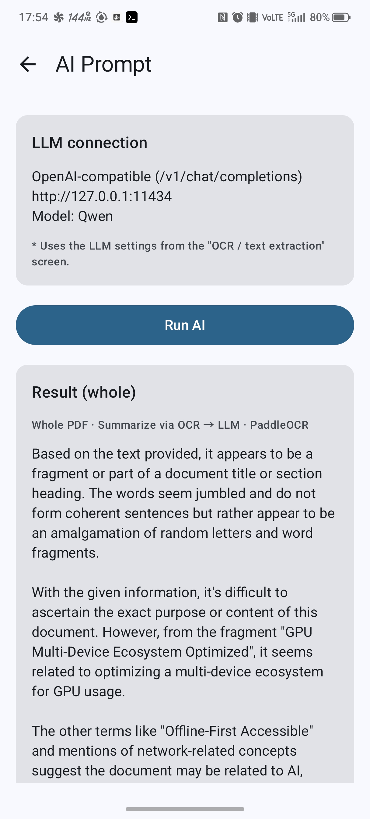 AI プロンプト画面（続き）：LLM 接続情報（127.0.0.1:11434 / Qwen）、Run AI ボタン、全体の処理結果。